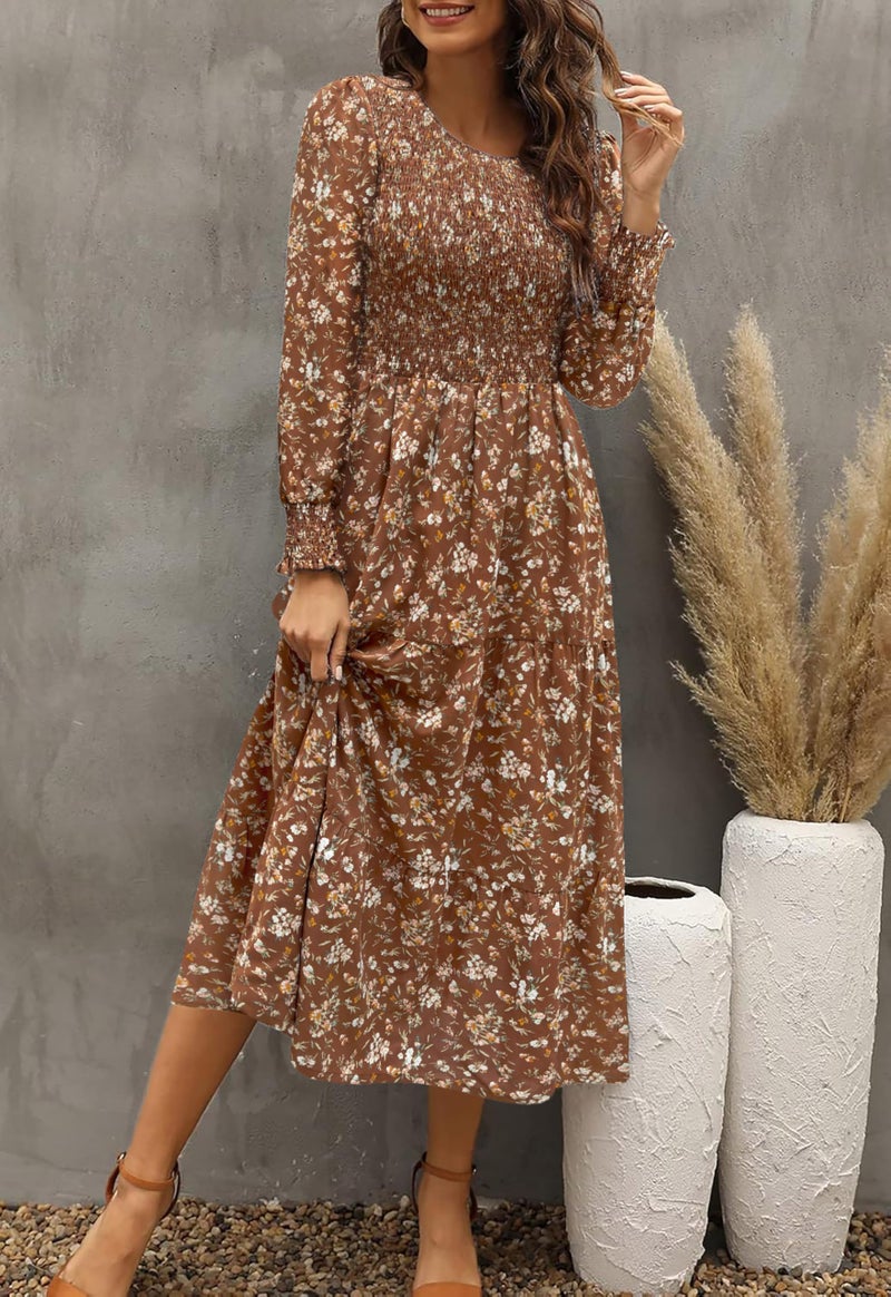 Zattcas Casual Puff Long Sleeve Floral Spring Fall Dresses for Women 2026 Flowy Boho Smocked Tiered Modest Church Work Winter Maternity Wedding Guest Midi Dress Brownfloral M - Image 2