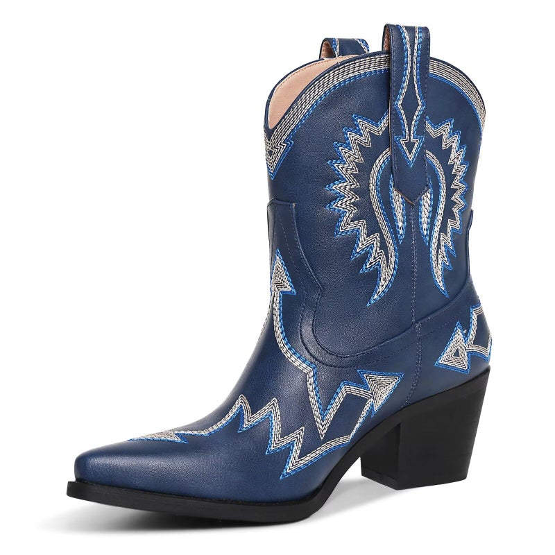 HOCHFART Cowboy Boots For Women Embroidered Pointed Toe Cowgirl Boots Chunky Heel Pull-On Short Western Boots Classic Wide Calf Country Ankle Boots, Navy, Size 11 - Image 1