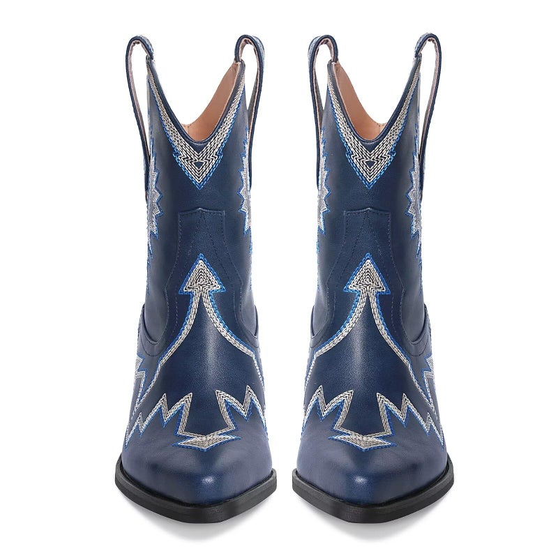 HOCHFART Cowboy Boots For Women Embroidered Pointed Toe Cowgirl Boots Chunky Heel Pull-On Short Western Boots Classic Wide Calf Country Ankle Boots, Navy, Size 11 - Image 5
