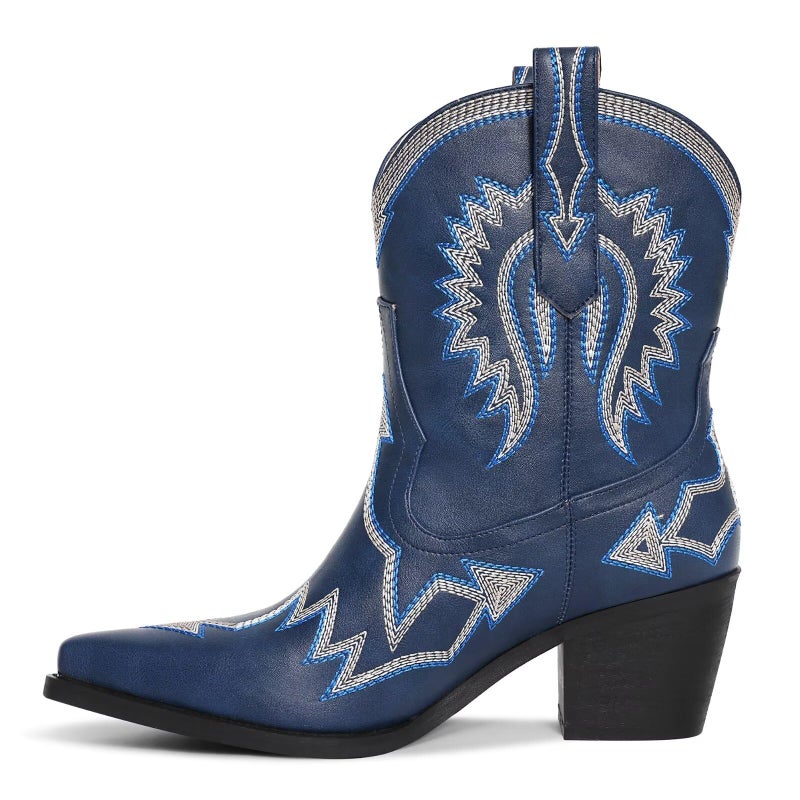 HOCHFART Cowboy Boots For Women Embroidered Pointed Toe Cowgirl Boots Chunky Heel Pull-On Short Western Boots Classic Wide Calf Country Ankle Boots, Navy, Size 11 - Image 4