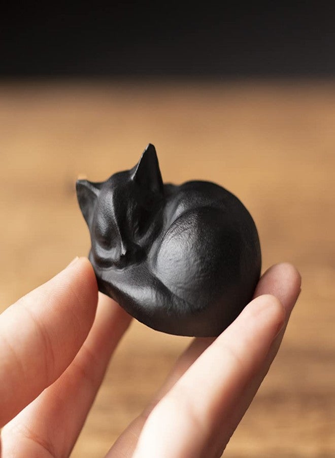 OwMell Tiny Sleeping Cat Statue Hand-Carved Healing Stone Gemstone Little Kitten Statue Figurine 2" - Black Obsidian - Image 4