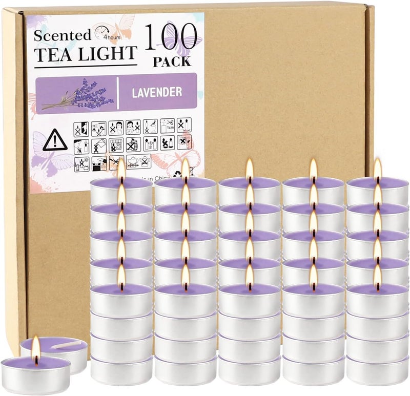 Howemon Purple Lavender Scented Tealight Candles 4 Hours Giant 100 Bulk Packs Smokeless Tea Lights for Valentines Day WeddingsChristmas Home Decorative