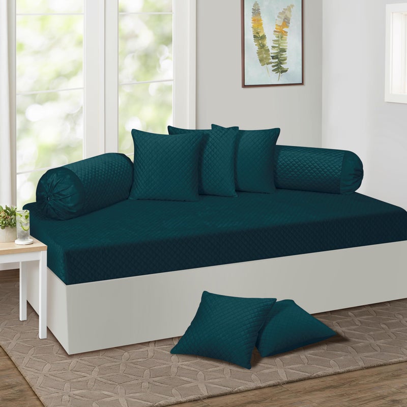 KINGLY Velvet Diwan Cover Set in Green Blue - Luxury Quilted Diwan Cover with Cushion and Bolster Covers for Home Décor - Image 5