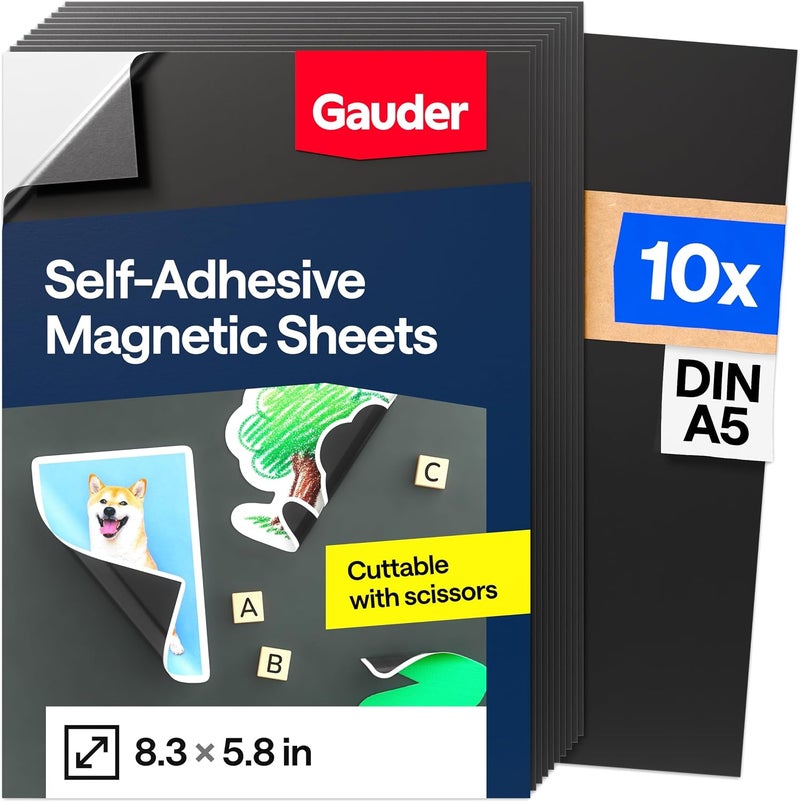 GAUDER Self-Adhesive Magnetic Sheet - Cut Out Magnetic Film for Photos, DIY and Signs - Adhesive Magnet for Home, School and Office (10 Pieces - DIN A5-210 x 148 mm) - Image 1