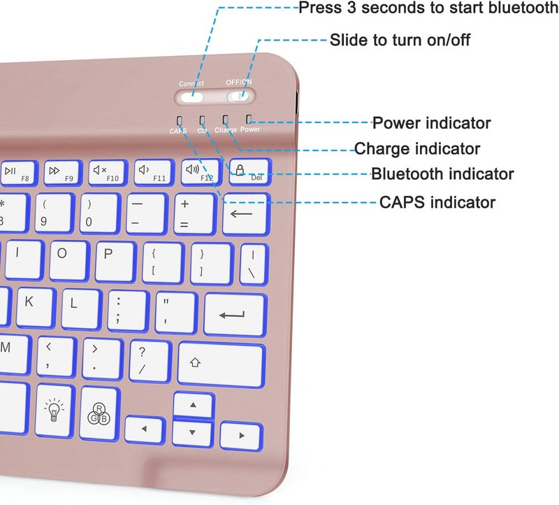 Omoton Bluetooth Keyboard, Wireless Rechargeable Keyboard for iPad, iPad Pro, iPad mini/Air with Illuminated LED (Rose Gold) - Image 5