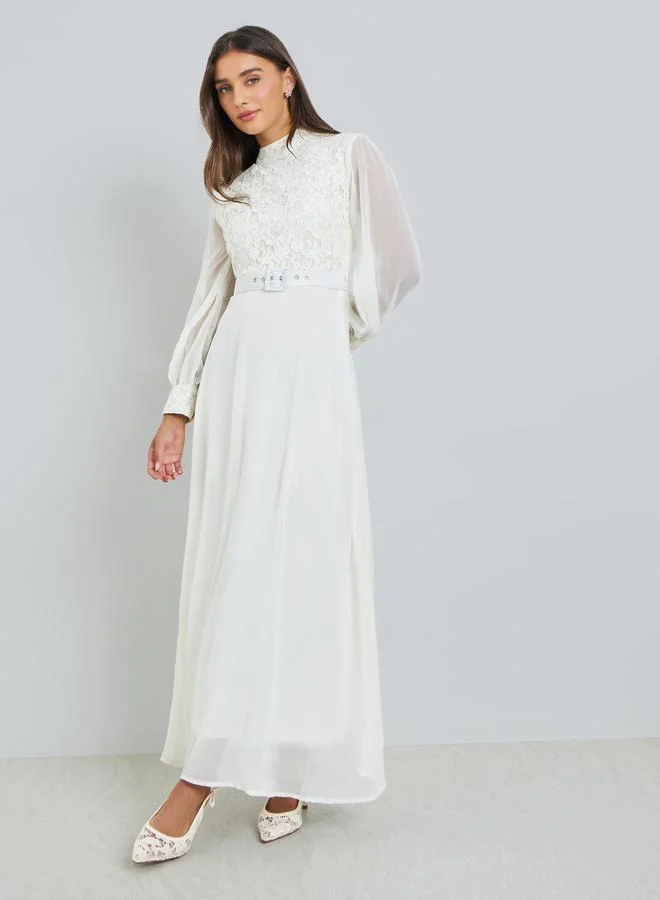Off-White Lace Yoke Maxi Dress with Belt