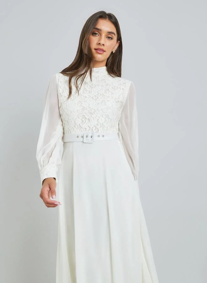 Styli Off-White Lace Yoke Maxi Dress with Belt