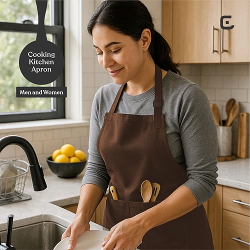 CRASOME Apron for Kitchen | Unisex Cooking Apron with 2 Pockets and Adjustable Straps | Apron for Chef, Hotel, Cafe, Restaurant, Gardening, Workshop (Brown) - Image 5