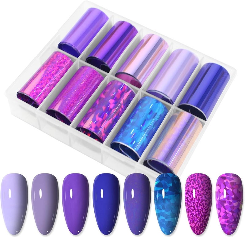 JERCLITY 10 Rolls Purple Nail Foil Transfer Sticker Kit Nail Foil Sheets Purple Solid Color Foil Nail Art Decals Nail Foil Transfer Stickers Foil Nail Wraps for Foil Nail Art