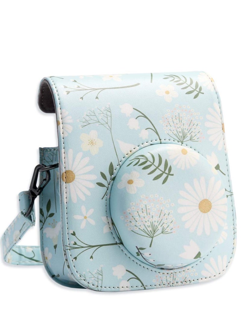 KASTWAVE Camera Bag Camera Protection Bag Vintage Floral PU Leather Camera Storage Bag with Shoulder Strap for Instax Mini 11 Fresh Green Small Daisy Camera Bag - Image 1