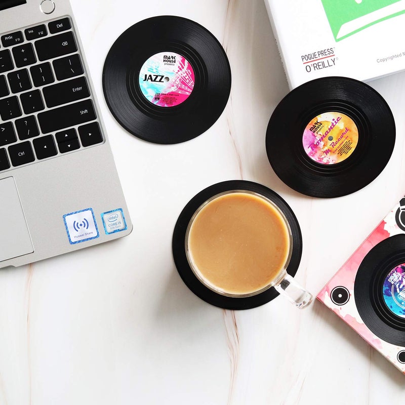 DuoMuo Funny Retro Record Coasters for Drinks with Vinyl Player Holder for Music Lovers Set of 6 Conversation Piece Sayings Drink Coaster Housewarming Hostess Wedding Registry Gift Ideas - Image 2