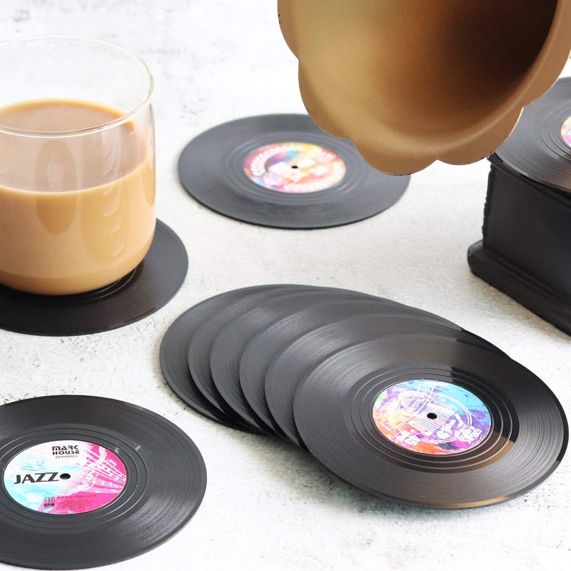 DuoMuo Funny Retro Record Coasters for Drinks with Vinyl Player Holder for Music Lovers Set of 6 Conversation Piece Sayings Drink Coaster Housewarming Hostess Wedding Registry Gift Ideas - Image 4