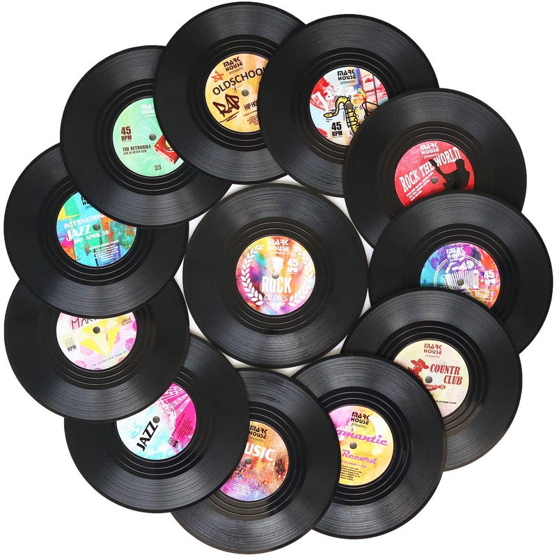 DuoMuo Funny Retro Record Coasters for Drinks with Vinyl Player Holder for Music Lovers Set of 6 Conversation Piece Sayings Drink Coaster Housewarming Hostess Wedding Registry Gift Ideas - Image 1