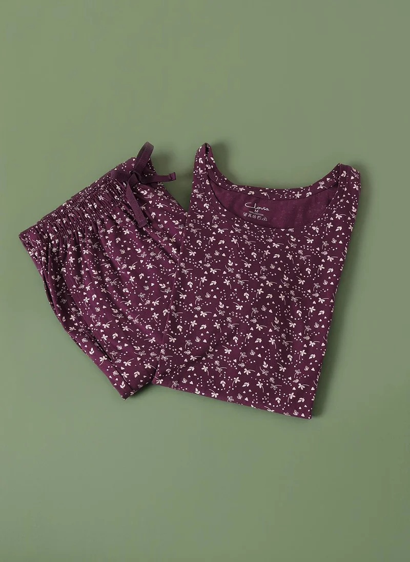 كلوفيا Clovia Floral Print T-shirt & Pyjama Set in Dark Purple - 100% Cotton