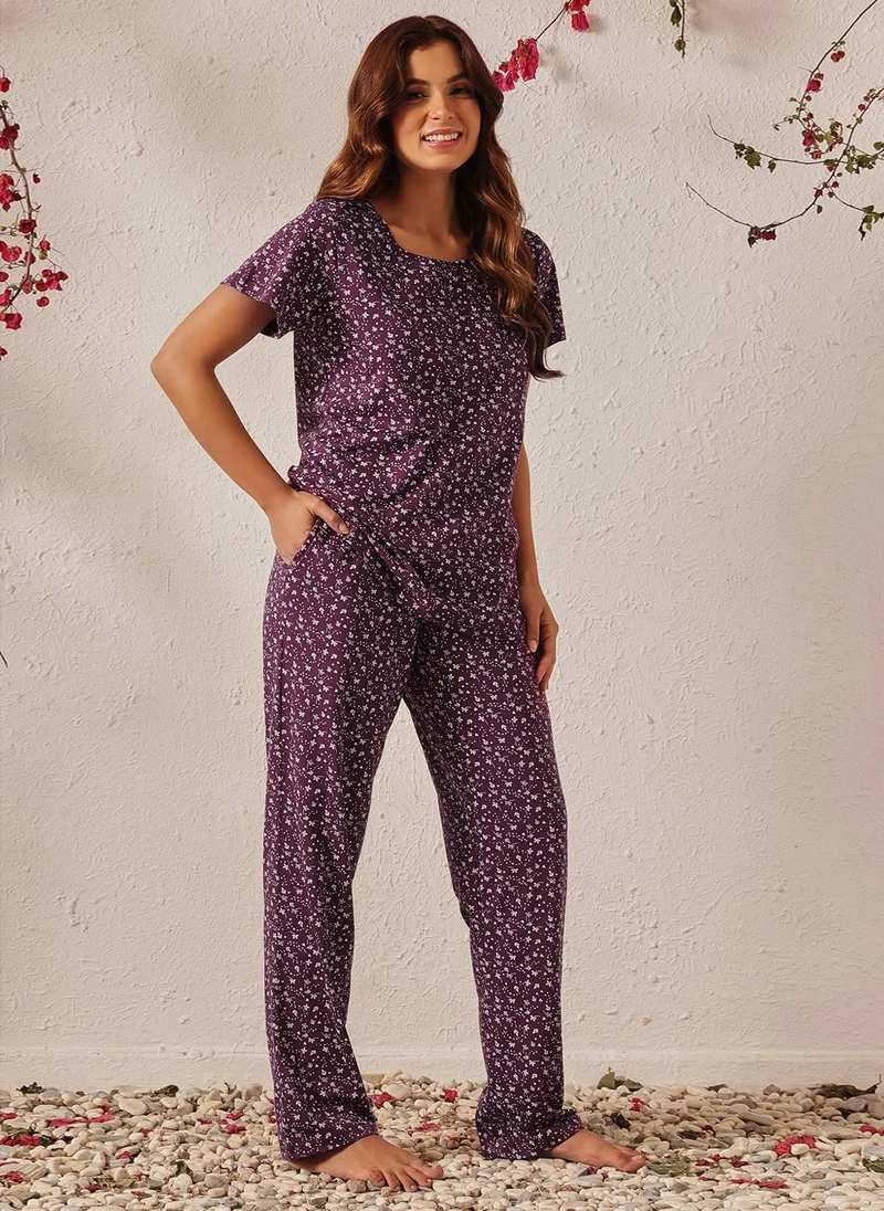 Clovia Purple Clovia Floral Print T-shirt & Pyjama Set in Dark Purple - 100% Cotton for Women | Best Price UAE