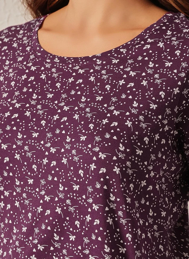 Clovia Purple Clovia Floral Print T-shirt & Pyjama Set in Dark Purple - 100% Cotton for Women | Best Price UAE