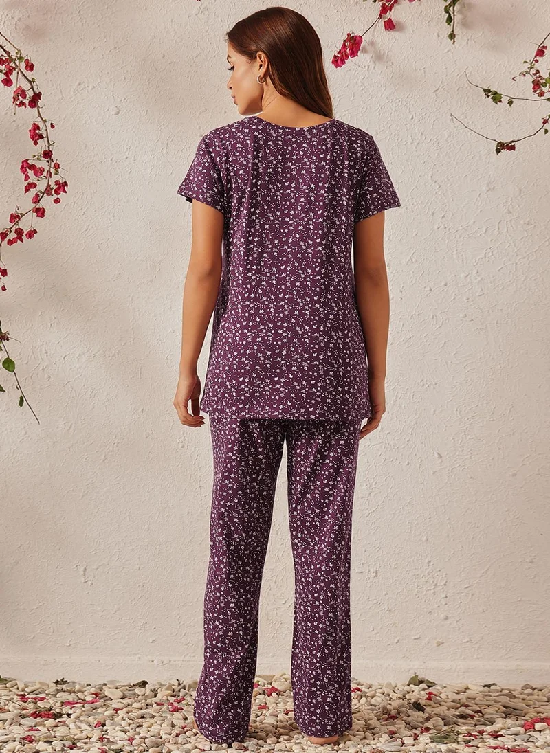 Clovia Purple Clovia Floral Print T-shirt & Pyjama Set in Dark Purple - 100% Cotton for Women | Best Price UAE