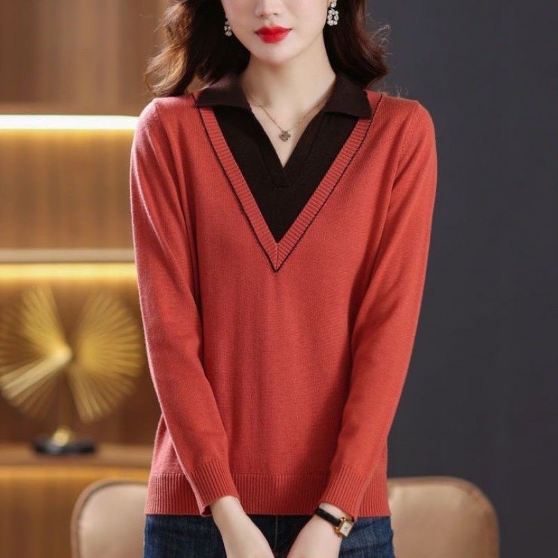 Fake Two-piece New Spring Womens Knitted Sweater Long-sleeved Top Thin High-grade Base-coat Sweater Womens Fashion Western Style Red 3737# - Image 1