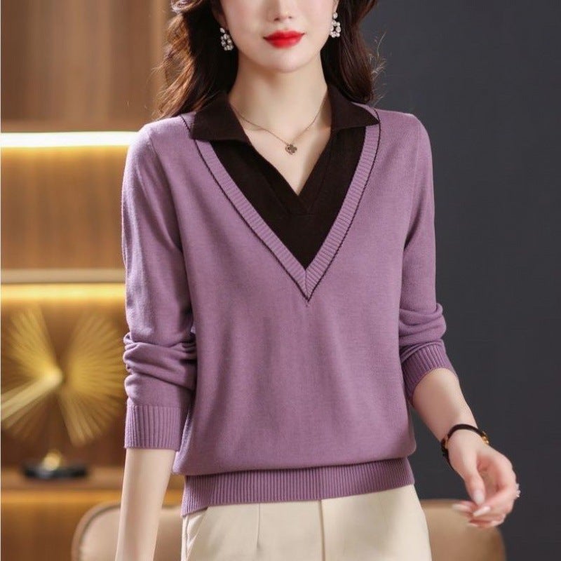 Fake Two-piece New Spring Womens Knitted Sweater Long-sleeved Top Thin High-grade Base-coat Sweater Womens Fashion Western Style Red 3737# - Image 2