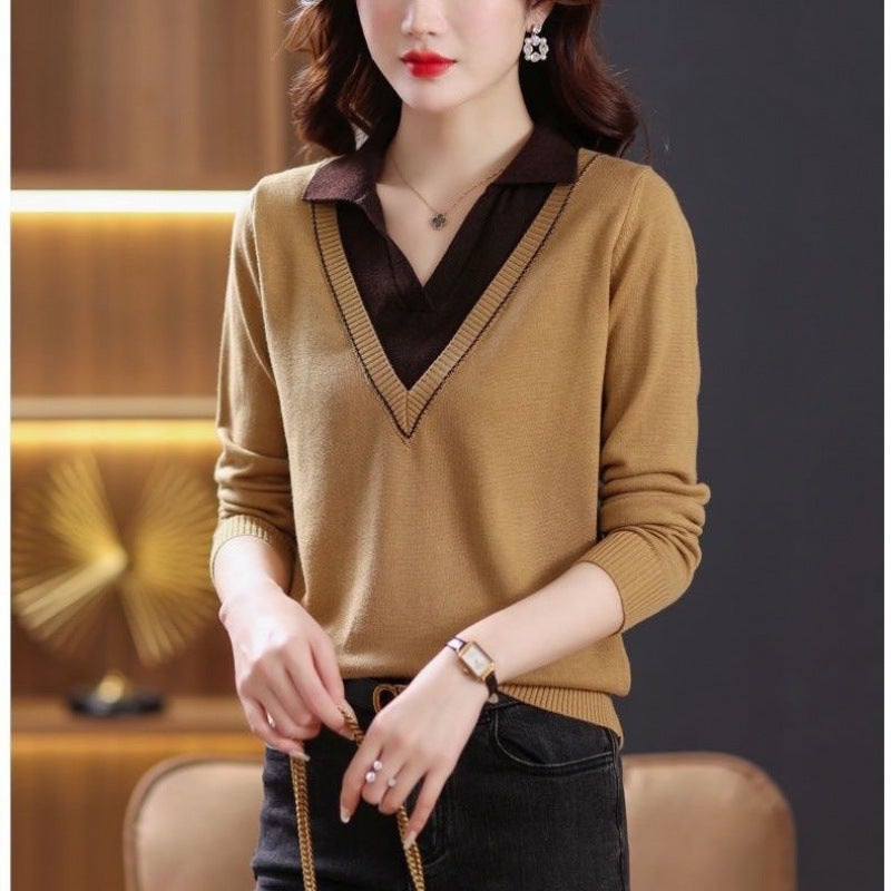 Fake Two-piece New Spring Womens Knitted Sweater Long-sleeved Top Thin High-grade Base-coat Sweater Womens Fashion Western Style Red 3737# - Image 3