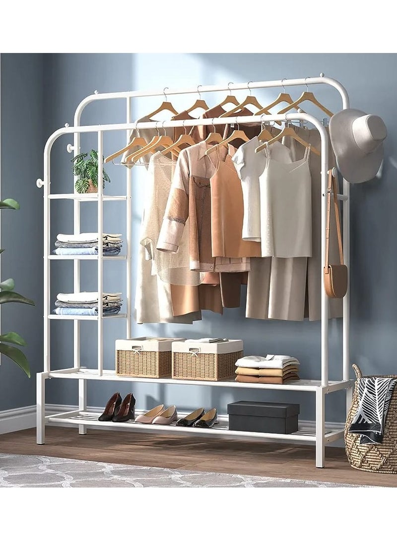 DubaiGallery شماعة ملابس، شماعة ملابس قائمة بذاتها، قضيب مزدوج، شماعة ملابس متعددة الوظائف لغرفة النوم مع حجرة تخزين سفلية من مستويين، رفوف تنظيم ملابس دوارة على عجلات، 4 خطافات، أسود - Image 1