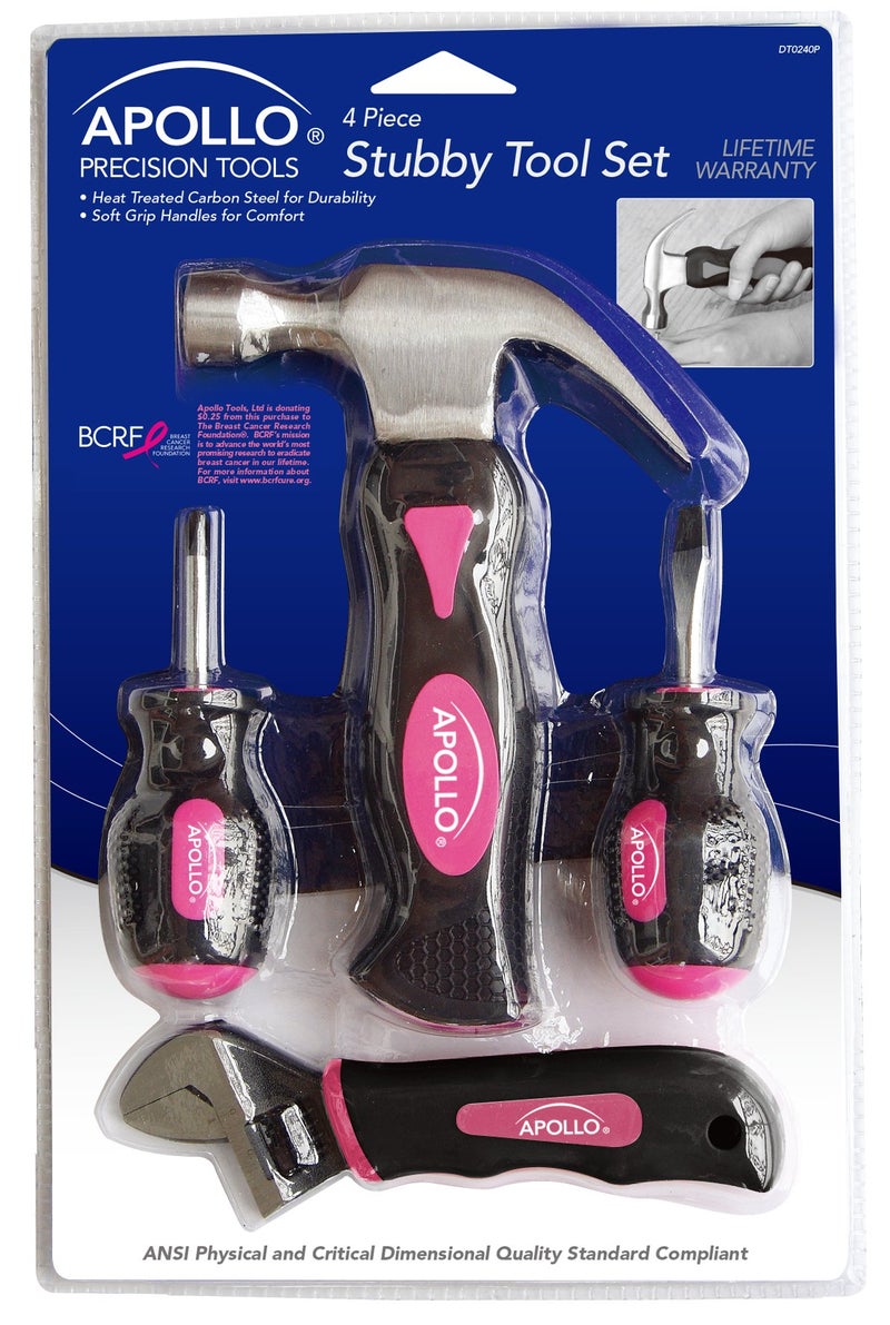 Apollo Tools 4 Piece Stubby Tool Set for Small Hands and Tight Spaces. Convenient, Compact Small Tool Set includes Mini Hammer, Mini Screwdriver Set, Mini Wrench - Pink Ribbon - Pink - DT0240P - Image 2
