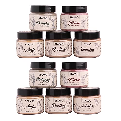 STAMIO Hair Care 5 Products Combo 500 gm - Amla Reetha Shikakai Bhringraj Hibiscus Powder for Pack, Wash, Mask, Shampoo, Dandruff, Cleanser | Natural Seedless Powders Kit | In Jar 50gm X 10 - Image 1
