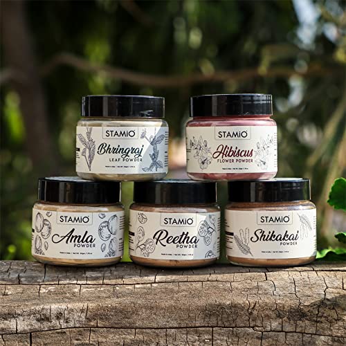 STAMIO Hair Care 5 Products Combo 500 gm - Amla Reetha Shikakai Bhringraj Hibiscus Powder for Pack, Wash, Mask, Shampoo, Dandruff, Cleanser | Natural Seedless Powders Kit | In Jar 50gm X 10 - Image 2