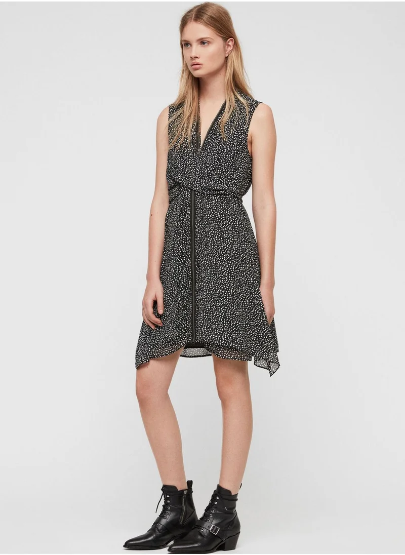 all saints Jayda Printed Zip Detail Waterfall Dress