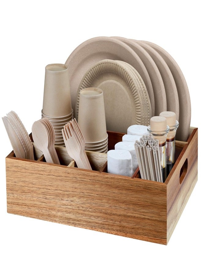 BOTOP Acacia Wood Utensil Holder for Party, Paper Plate Organizer Silverware Caddy with 6 Compartments for Plate, Cup, Fork, Spoon, Cutlery Holder Countertop for Kitchen Camping Buffet - Image 1