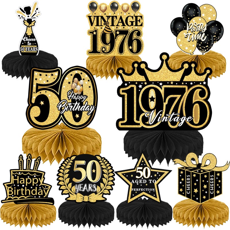 Refavor 50th Birthday Decorations for Men 9Pcs Black Gold 50th Birthday Party Decorations Women Vintage Table Decor Supplies Honeycomb Centerpieces Happy 50 Years Party Decor