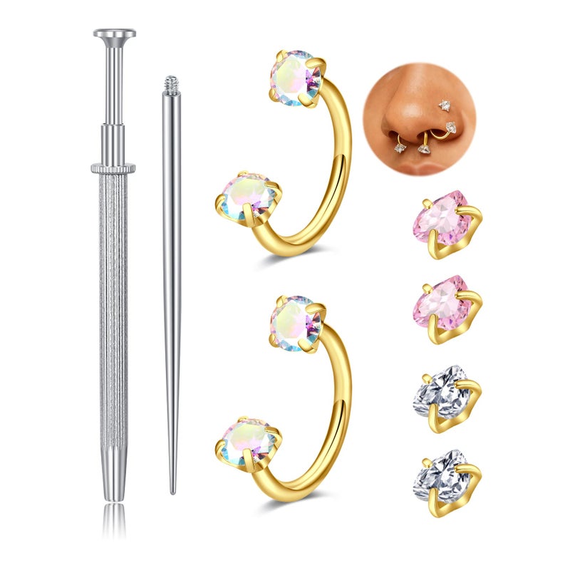 QWALIT Gold 18g Horseshoe Nose Ring Double Stud Gem Horse Shoe Nose Ring Hoop for Women Surgical Steel Half Tragus Earring Lip Helix Piercing Jewelry Septum Rings 8mm Septum Ball Screw Tool Threader - Image 1