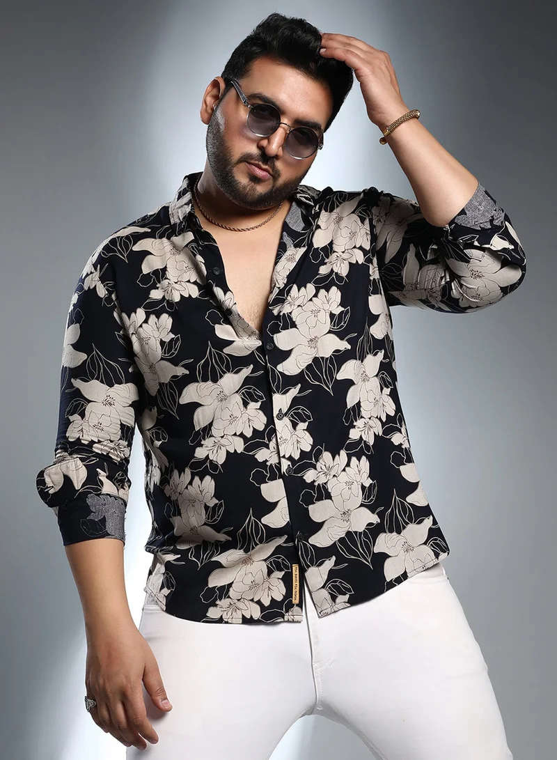 Instafab Plus Instafab Plus Men's Obsidian Black Botanical Imprint Shirt For Casual Wear | Spread Collar | Long Cuffed Sleeves | Button Closure | Plus Size Shirt Crafted With Comfort Fit For Everyday Wear