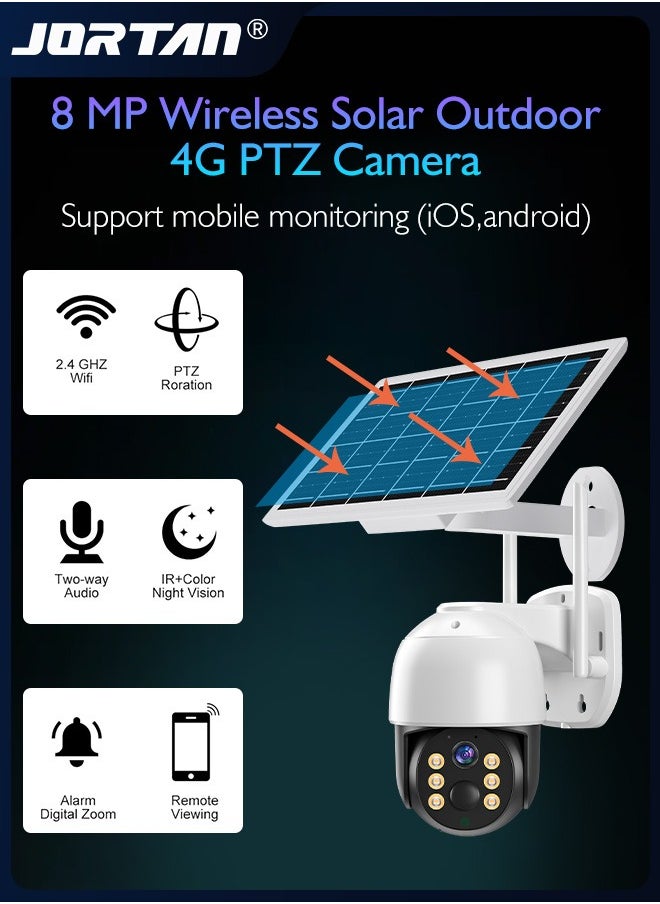 JORTAN - 8MP 4G SIM Card & Wifi Solar Security Camera Outdoor Wireless Low Power Consumption Surveillance Camera with Solar Panel & Motion Detection & Microwave Dual Detection & Remote Control & 2 Way Audio - Image 1
