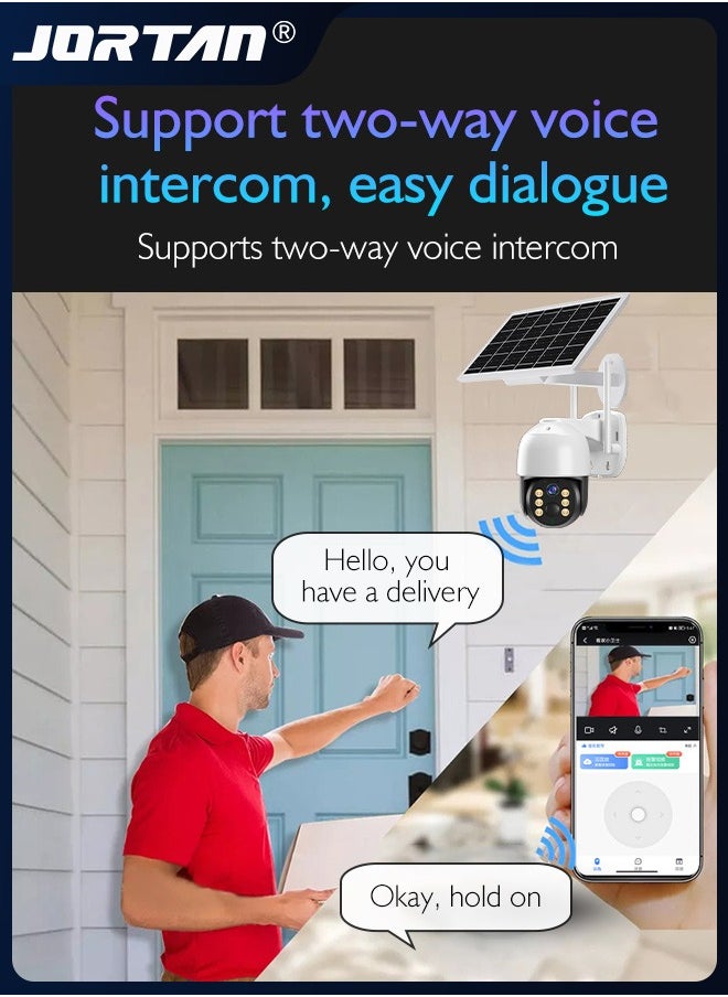 JORTAN - 8MP 4G SIM Card & Wifi Solar Security Camera Outdoor Wireless Low Power Consumption Surveillance Camera with Solar Panel & Motion Detection & Microwave Dual Detection & Remote Control & 2 Way Audio - Image 1