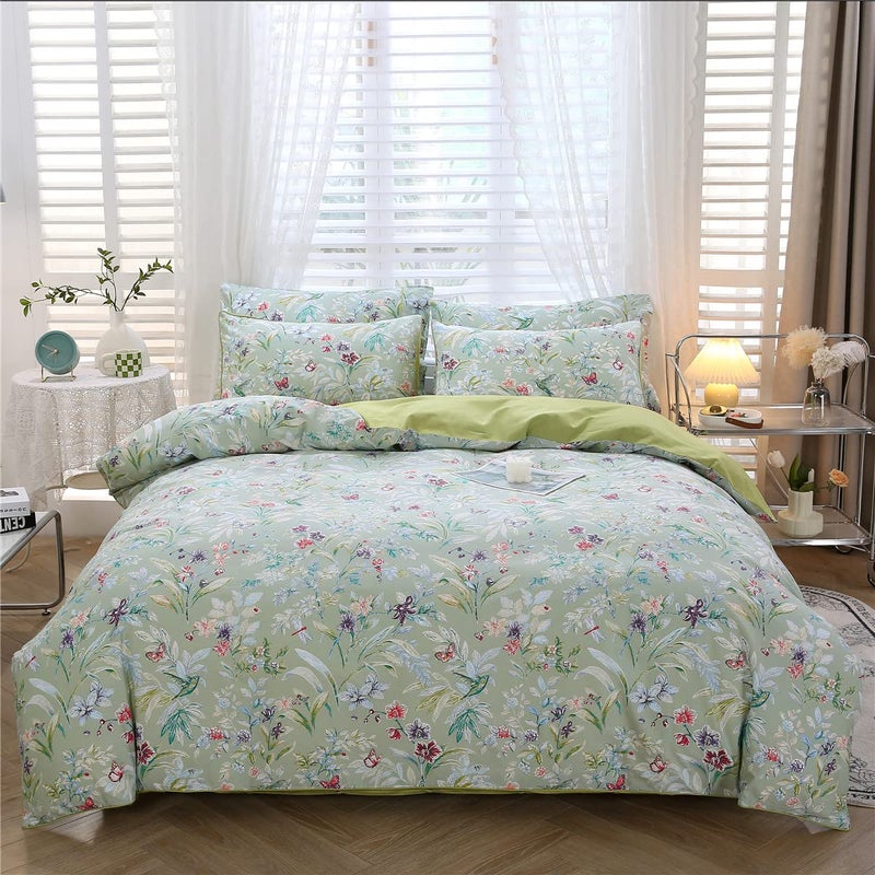URBONUR Green Floral Duvet Cover Set Queen Size 100 Egyptian Cotton Bedding Set Farmhouse Butterfly Print Comforter Cover with Button Closure 3Pcs Queen