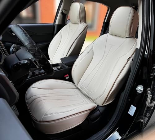 PINCTROT Car Seat Covers Front Set Breathable Soft Pebbled Leather Luxury Waterproof Seat Cushion Airbag Compatible Seat Protector Universal Fit Most Cars Front Set Beige Brown Piping - Image 1