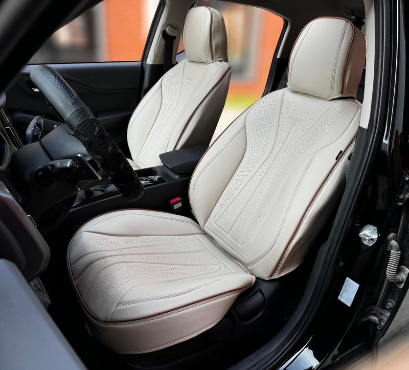PINCTROT Car Seat Covers Front Set Breathable Soft Pebbled Leather Luxury Waterproof Seat Cushion Airbag Compatible Seat Protector Universal Fit Most Cars Front Set Beige Brown Piping - Image 3