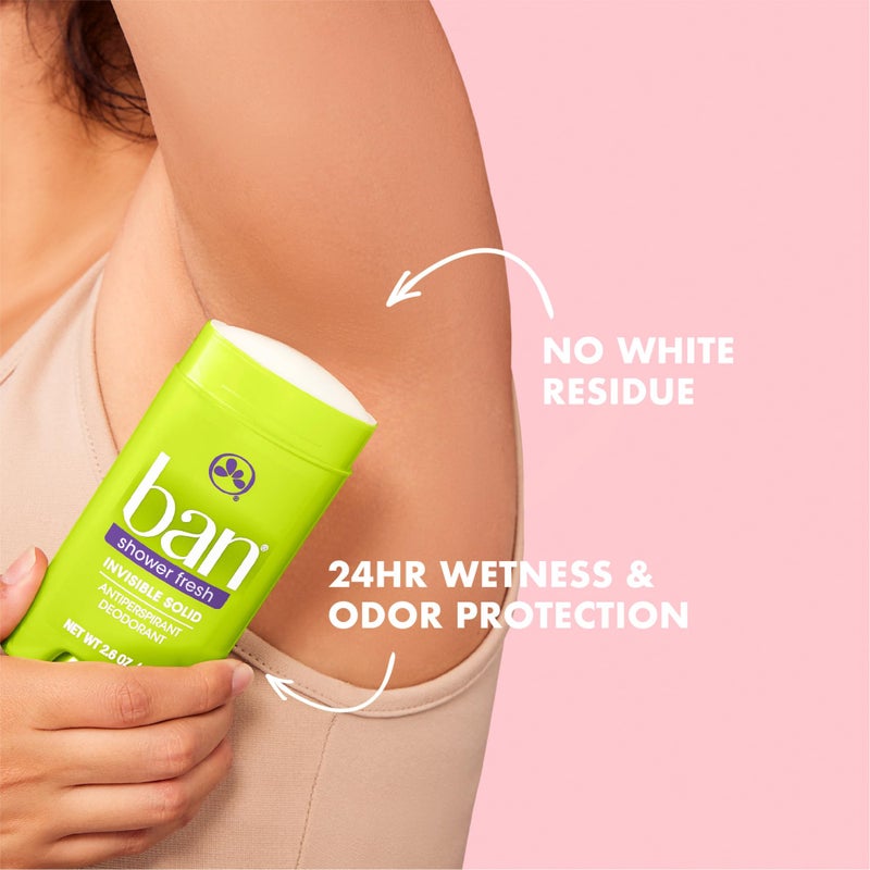 Ban Invisible Solid Antiperspirant Deodorant for Women and Men, 24-Hour Underarm Odor & Sweat Protection, Shower Fresh, 2.6 Oz, Pack of 4 - Image 2