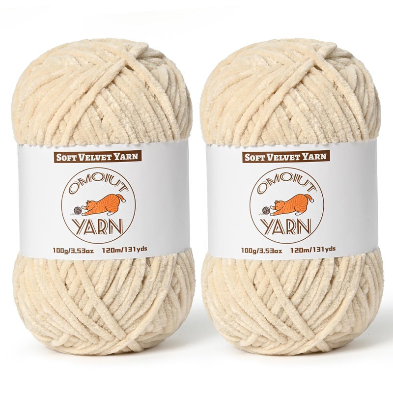 OMoiut 2 Pack Beige Fluffy Velvet Yarn for Crocheting,Chunky Chenille Baby Blanket Yarn for Crochet,Soft Fuzzy Puzzle Yarn for Knitting,(100g/3.53oz Each) Bulky Thick Amigurumi Crochet Yarns - Image 1