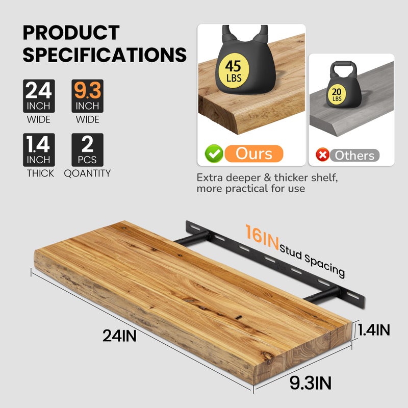 Fun Memories Floating Shelves for Wall, 24"x9.3" Solid Wood Floating Live Edge Shelf, Heavy-Duty Wall Shelf with Invisible Brackets, Set of 2 for Living Room, Bedroom, and Kitchen, Natural Finish - Image 3