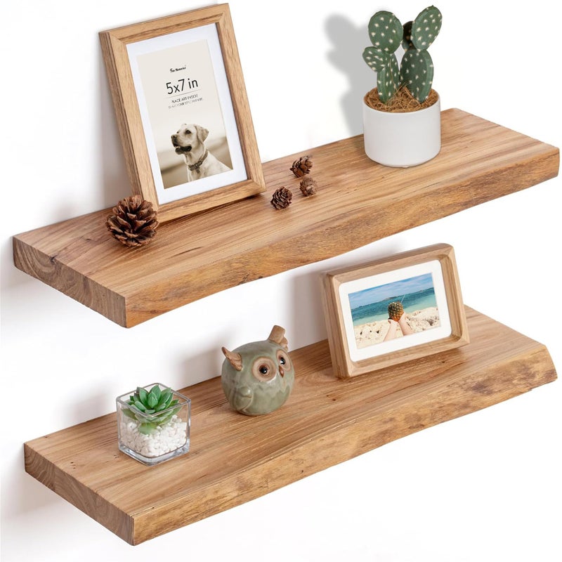 Fun Memories Floating Shelves for Wall, 24"x9.3" Solid Wood Floating Live Edge Shelf, Heavy-Duty Wall Shelf with Invisible Brackets, Set of 2 for Living Room, Bedroom, and Kitchen, Natural Finish - Image 1