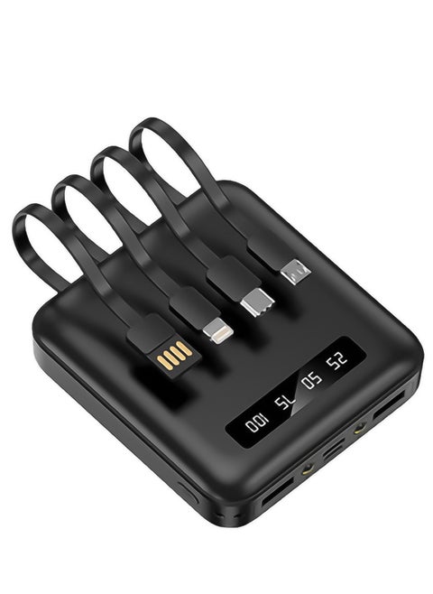 10000mAh Mini Power Bank with 4-in-1 Built-in (Type-c, Micro, Lightning, USB-A) Charging Cables, P102 - Black