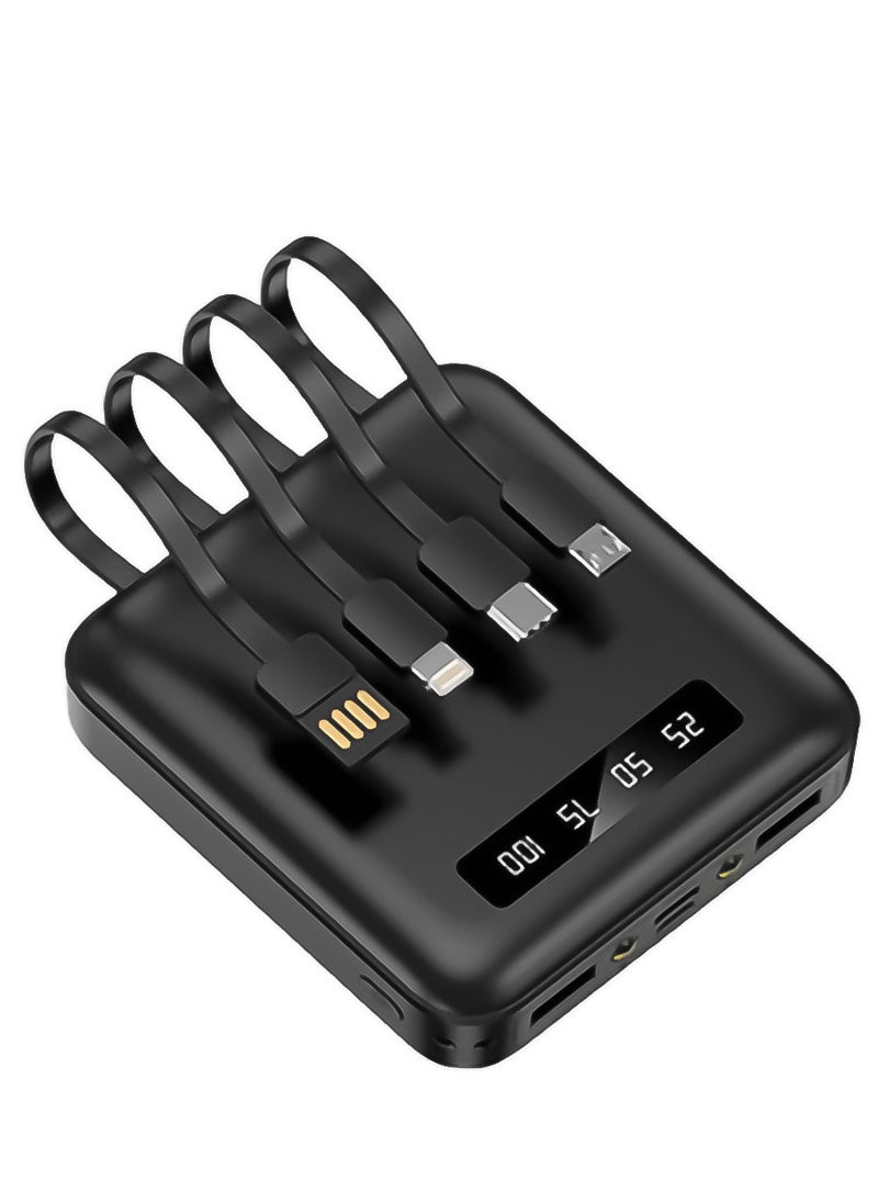 Generic 10000mAh Mini Power Bank with 4-in-1 Built-in (Type-c, Micro, Lightning, USB-A) Charging Cables, P102 - Black  - Image 1