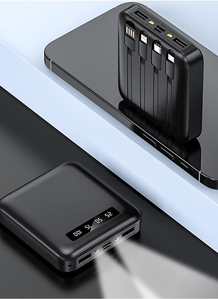 Generic 10000mAh Mini Power Bank with 4-in-1 Built-in (Type-c, Micro, Lightning, USB-A) Charging Cables, P102 - Black  - Image 2