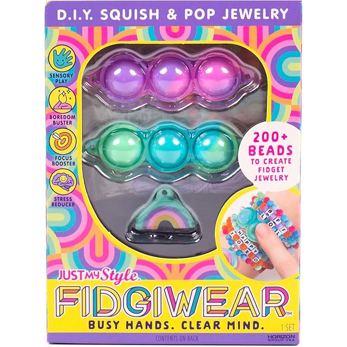 جاست ماي ستايل Fidgiwear Rainbow D.I.Y. Squish & Pop Jewelry ، اصنع مجوهرات التململ الخاصة بك للأطفال ، وتشمل سحر اسفنجي ، وألعاب تململ مع لمسة أنيقة ، ومجموعة صنع سوار للفتيات