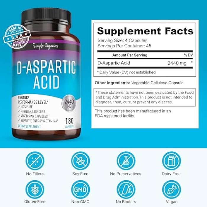 Simple-Organics مكمل كايبرو نوترا حمض D-أسبارتيك للرجال، 2440 ملغ من حمض D-أسبارتيك لكل حصة، دعم الطاقة والتستوستيرون، خالي من الغلوتين وغير معدّل وراثيًا، 180 كبسولة نباتية - Image 4