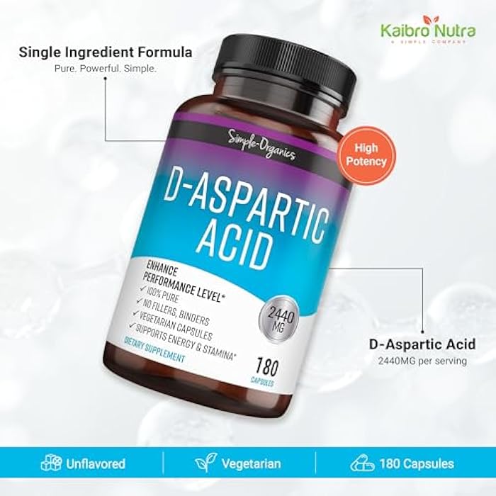 Simple-Organics مكمل كايبرو نوترا حمض D-أسبارتيك للرجال، 2440 ملغ من حمض D-أسبارتيك لكل حصة، دعم الطاقة والتستوستيرون، خالي من الغلوتين وغير معدّل وراثيًا، 180 كبسولة نباتية - Image 2