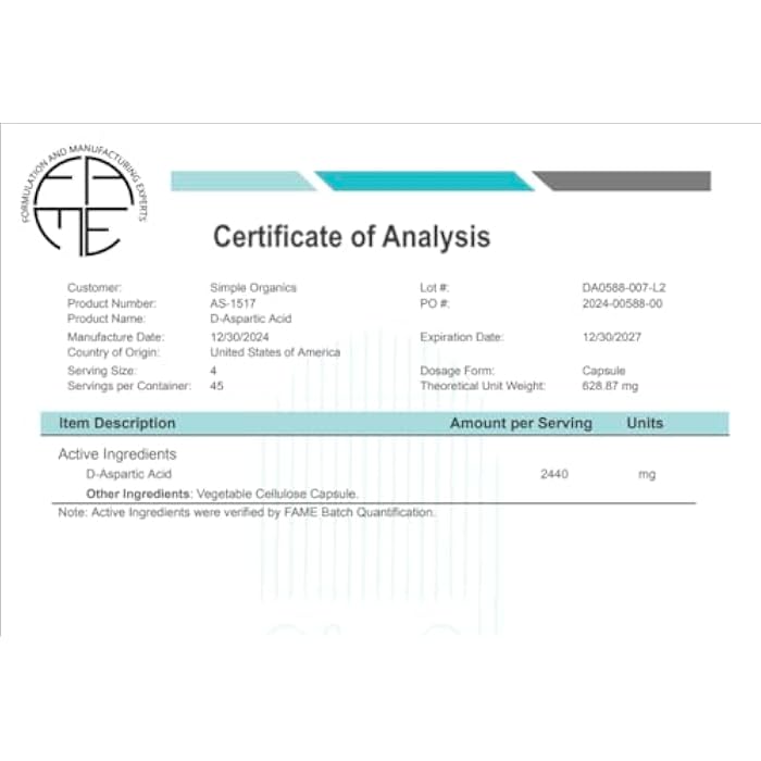 Simple-Organics مكمل كايبرو نوترا حمض D-أسبارتيك للرجال، 2440 ملغ من حمض D-أسبارتيك لكل حصة، دعم الطاقة والتستوستيرون، خالي من الغلوتين وغير معدّل وراثيًا، 180 كبسولة نباتية - Image 5