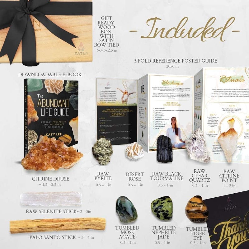 ZATNY Crystals and Healing Stones Premium Kit Wooden Box - Chakra Stones Healing Crystals Set, Rose Quartz, Amethyst Cluster, Quartz Points, Chakra Pendulum (Abundance and Prosperity Crystal Collection) - Image 3